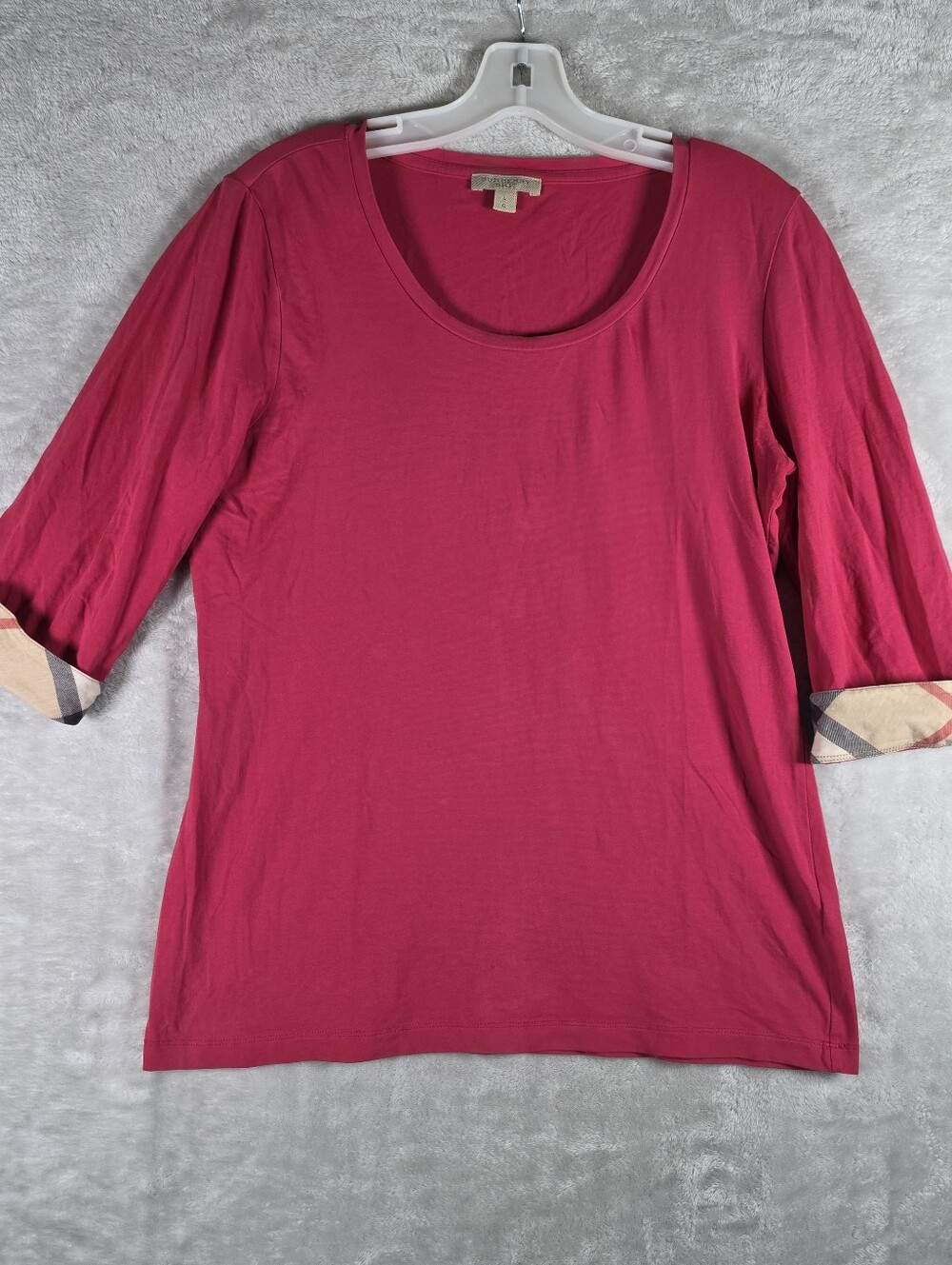 Burberry Brit Womens Hot Pink Size Large L Scoop Neck Top Nova Check Cuffs